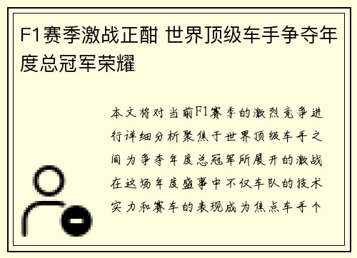 F1赛季激战正酣 世界顶级车手争夺年度总冠军荣耀