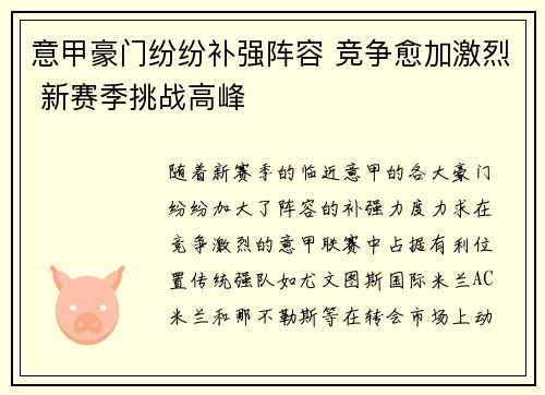 意甲豪门纷纷补强阵容 竞争愈加激烈 新赛季挑战高峰