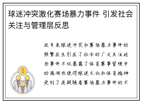 球迷冲突激化赛场暴力事件 引发社会关注与管理层反思