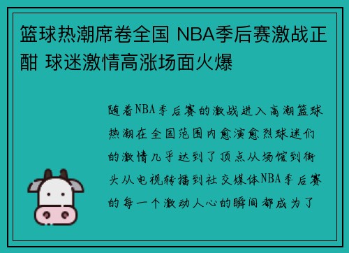 篮球热潮席卷全国 NBA季后赛激战正酣 球迷激情高涨场面火爆