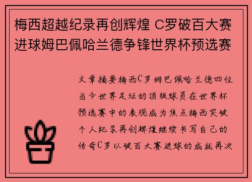 梅西超越纪录再创辉煌 C罗破百大赛进球姆巴佩哈兰德争锋世界杯预选赛焦点之战